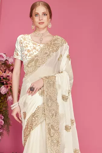 White sequin embroidered work two tone silk blend saree sari