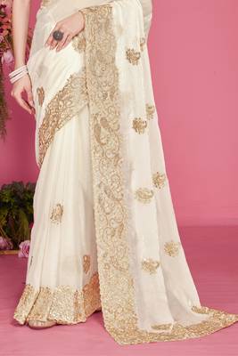 White sequin embroidered work two tone silk blend saree sari 4