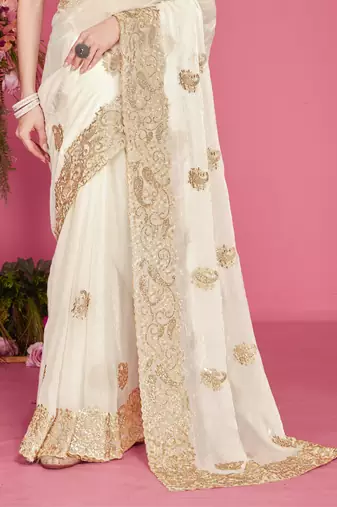 White sequin embroidered work two tone silk blend saree sari