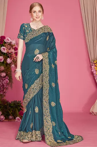 Teal blue sequin embroidered work two tone silk blend saree sari