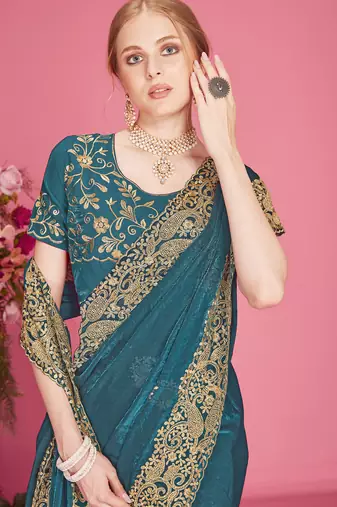 Teal blue sequin embroidered work two tone silk blend saree sari