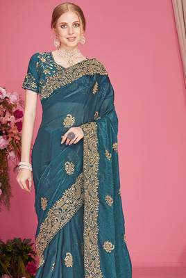 Teal blue sequin embroidered work two tone silk blend saree sari 3