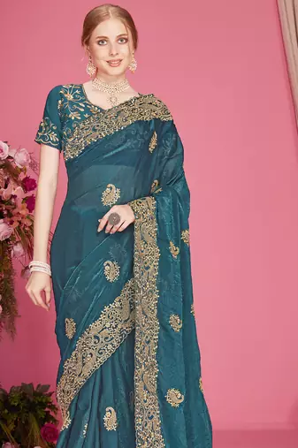 Teal blue sequin embroidered work two tone silk blend saree sari