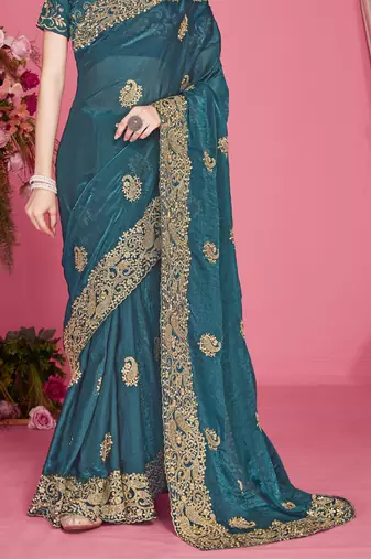 Teal blue sequin embroidered work two tone silk blend saree sari