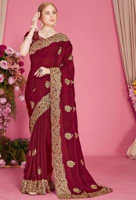 Maroon sequin embroidered work two tone silk blend saree sari 1