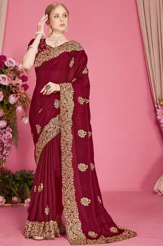 Maroon sequin embroidered work two tone silk blend saree sari
