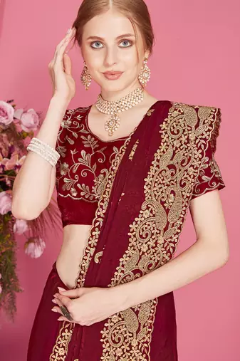 Maroon sequin embroidered work two tone silk blend saree sari