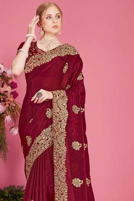 Maroon sequin embroidered work two tone silk blend saree sari 3