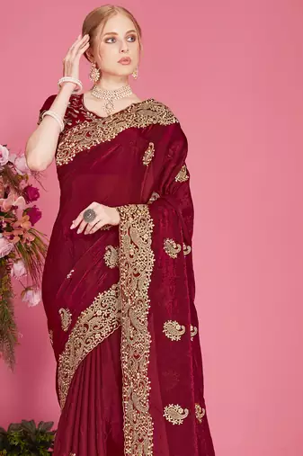 Maroon sequin embroidered work two tone silk blend saree sari
