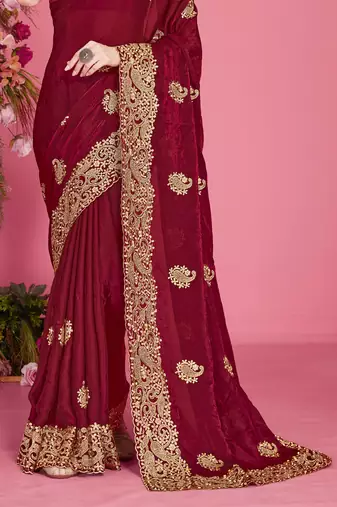 Maroon sequin embroidered work two tone silk blend saree sari
