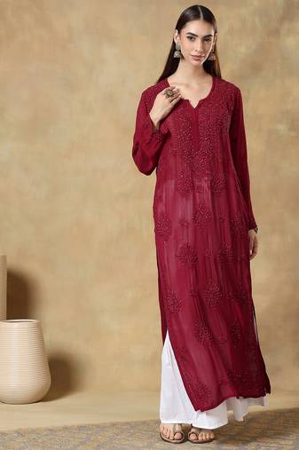 Chinkari maroon  color embroided viscose kurta for women   - v - neck-full sleeves