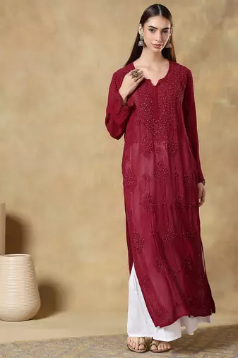 Chinkari maroon  color embroided viscose kurta for women   - v - neck-full sleeves