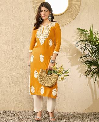 Women yellow viscose rayon embroidered straight kurta 1