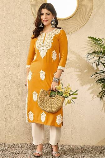 Women yellow viscose rayon embroidered straight kurta