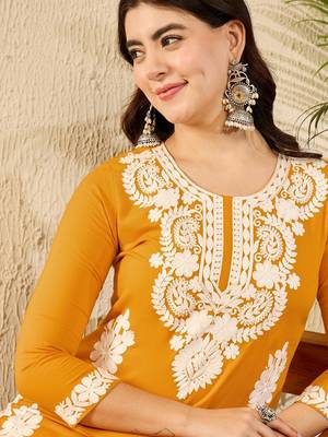 Women yellow viscose rayon embroidered straight kurta 2