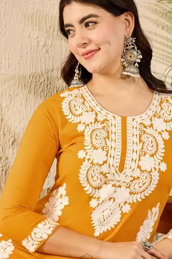 Women yellow viscose rayon embroidered straight kurta