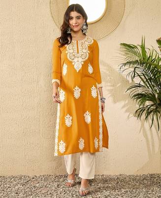 Women yellow viscose rayon embroidered straight kurta 3