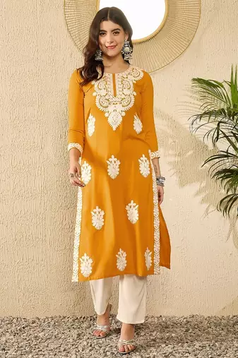 Women yellow viscose rayon embroidered straight kurta
