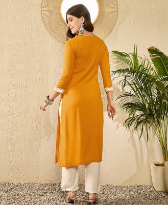 Women yellow viscose rayon embroidered straight kurta 4