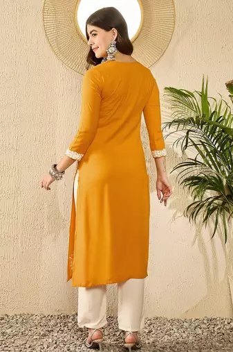 Women yellow viscose rayon embroidered straight kurta
