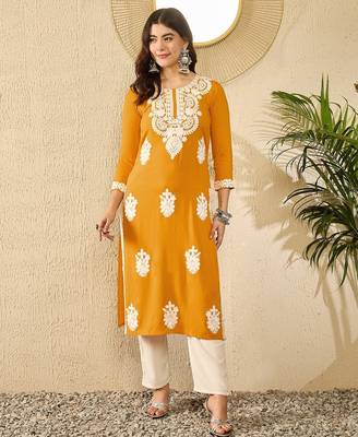 Women yellow viscose rayon embroidered straight kurta 5