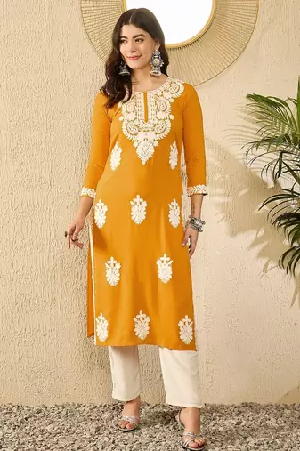 Women yellow viscose rayon embroidered straight kurta