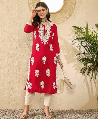 Women red viscose rayon embroidered straight kurta 1