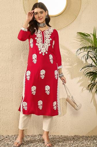 Women red viscose rayon embroidered straight kurta