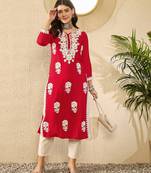 Women red viscose rayon embroidered straight kurta