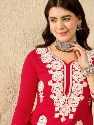 Women red viscose rayon embroidered straight kurta 2