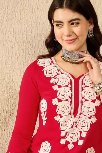 Women red viscose rayon embroidered straight kurta
