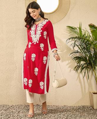 Women red viscose rayon embroidered straight kurta 3