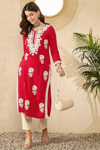 Women red viscose rayon embroidered straight kurta