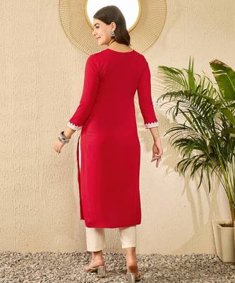 Women red viscose rayon embroidered straight kurta 4