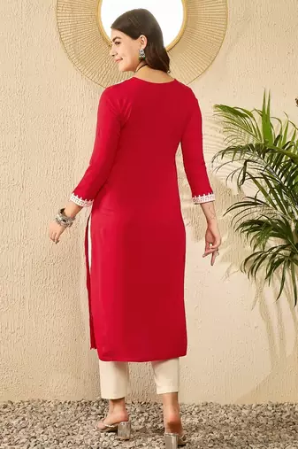 Women red viscose rayon embroidered straight kurta