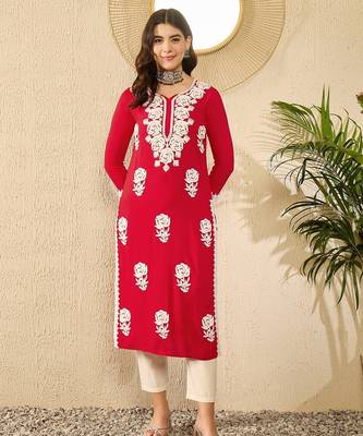Women red viscose rayon embroidered straight kurta 5