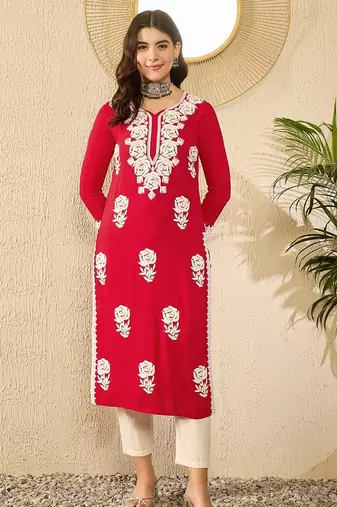 Women red viscose rayon embroidered straight kurta