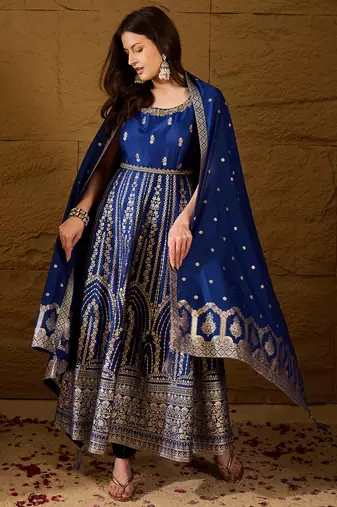 Women blue silk blend solid embroidered anarkali kurta bottom and dupatta