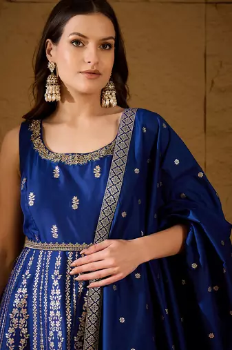 Women blue silk blend solid embroidered anarkali kurta bottom and dupatta