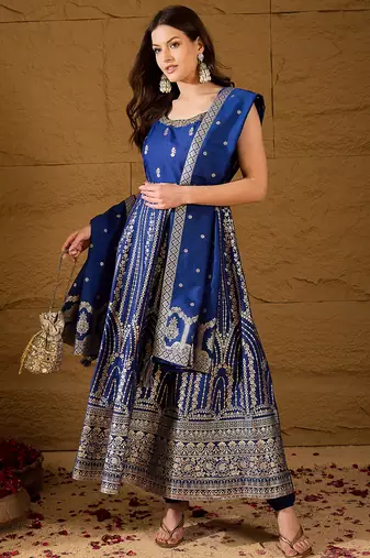 Women blue silk blend solid embroidered anarkali kurta bottom and dupatta