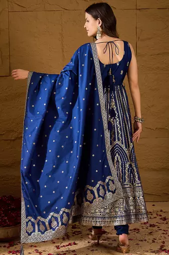 Women blue silk blend solid embroidered anarkali kurta bottom and dupatta