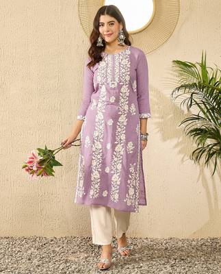 Women lavender viscose rayon solid embroidered straight kurta 1