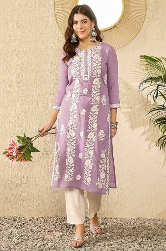 Women lavender viscose rayon solid embroidered straight kurta