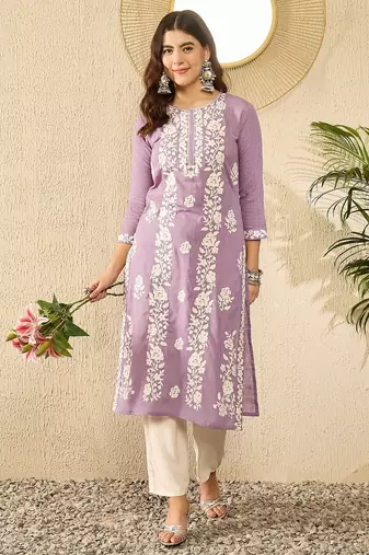 Women lavender viscose rayon solid embroidered straight kurta