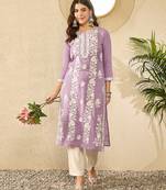 Women lavender viscose rayon solid embroidered straight kurta