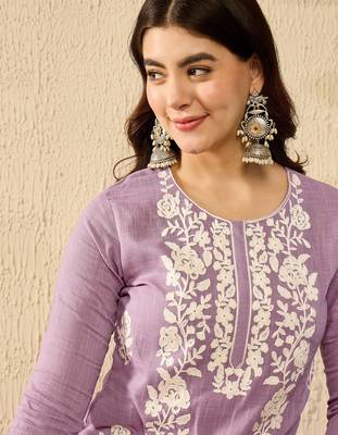 Women lavender viscose rayon solid embroidered straight kurta 2