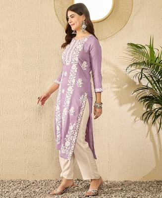 Women lavender viscose rayon solid embroidered straight kurta 3