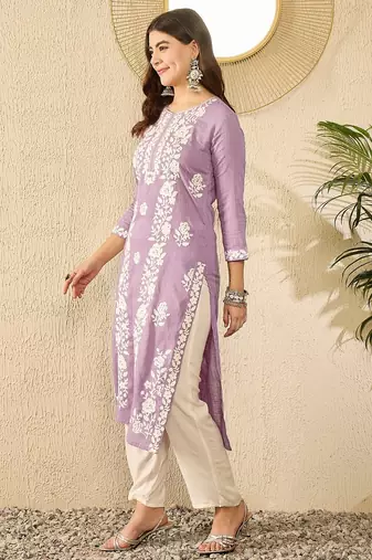 Women lavender viscose rayon solid embroidered straight kurta