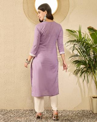 Women lavender viscose rayon solid embroidered straight kurta 4