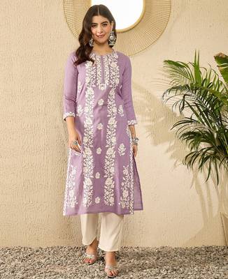 Women lavender viscose rayon solid embroidered straight kurta 5